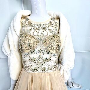 MAY QUEEN Couture Champagne Beaded Illusion Formal Gown - Size 8 - Princesscore